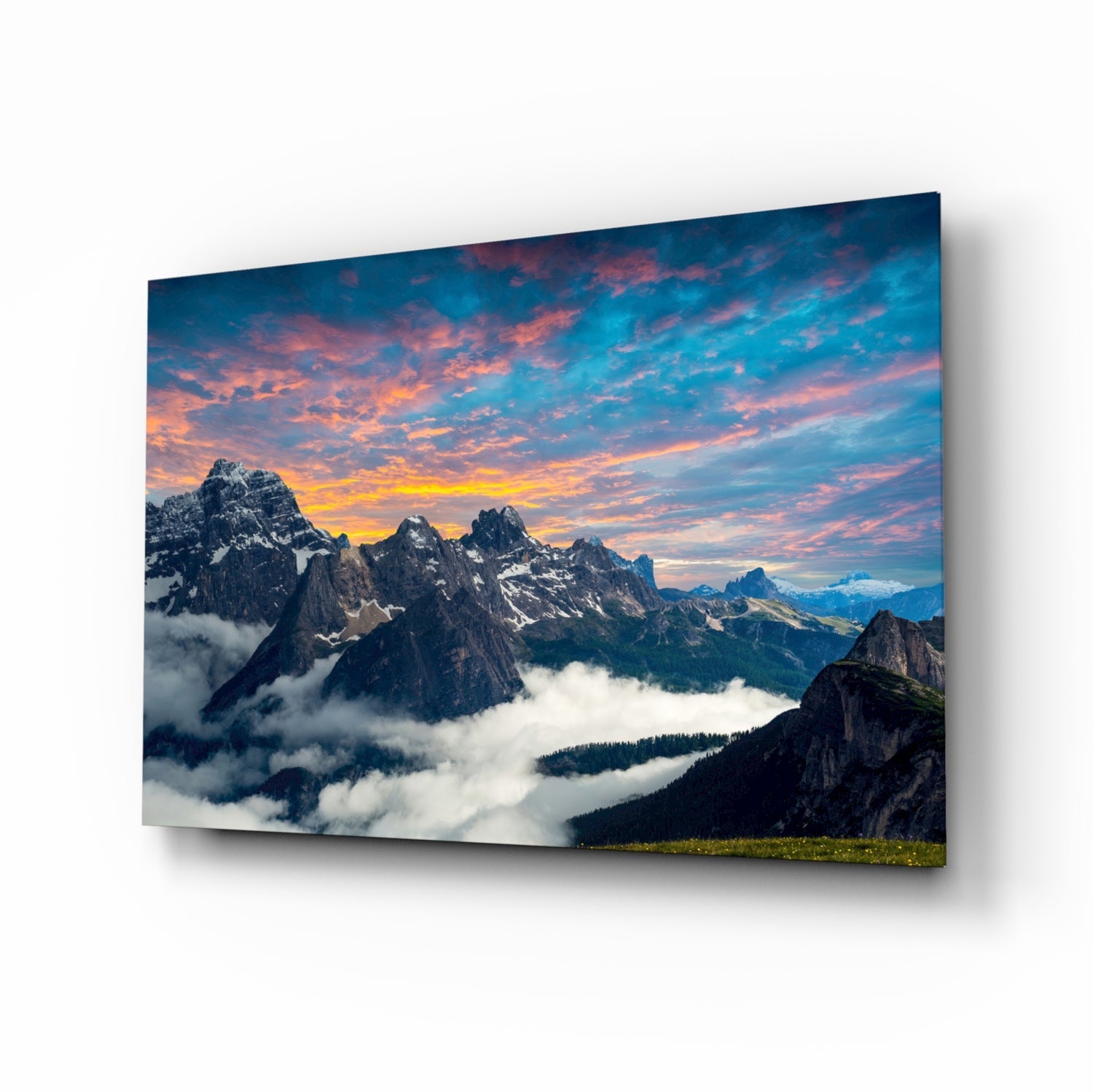 Dolomite peaks at sunset above mist mountain glass wall art