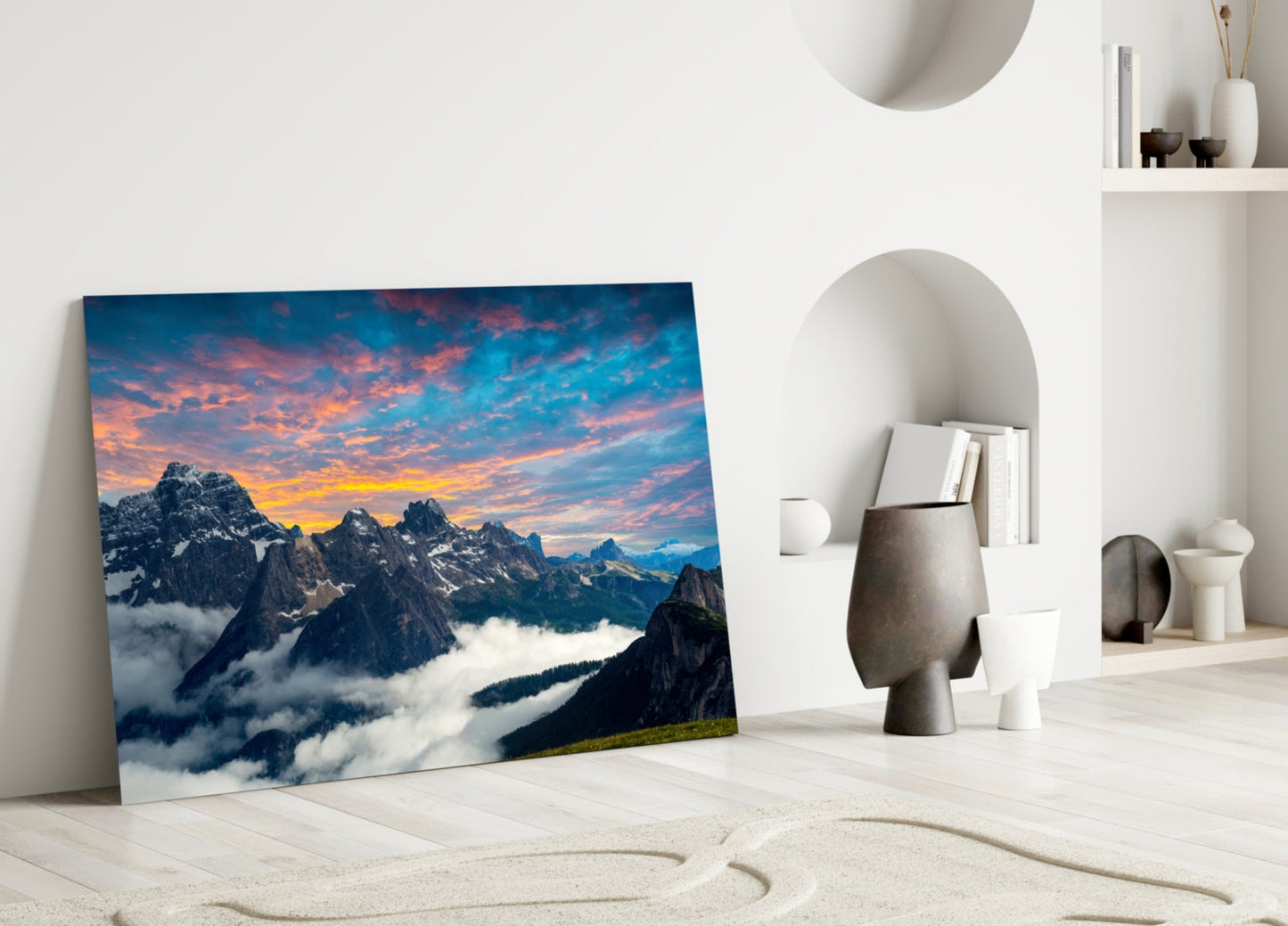 Dolomite Peaks Sunset Glass Wall Art, Alpine Mountain Landscape