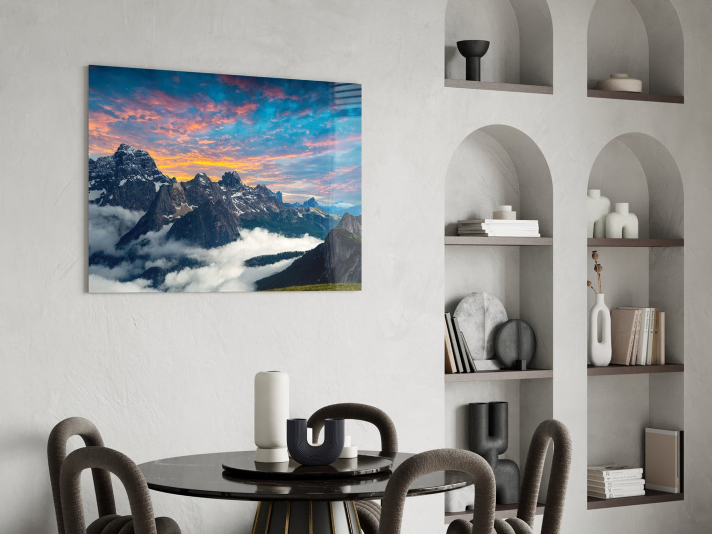 Dolomite Peaks Sunset Glass Wall Art, Alpine Mountain Landscape