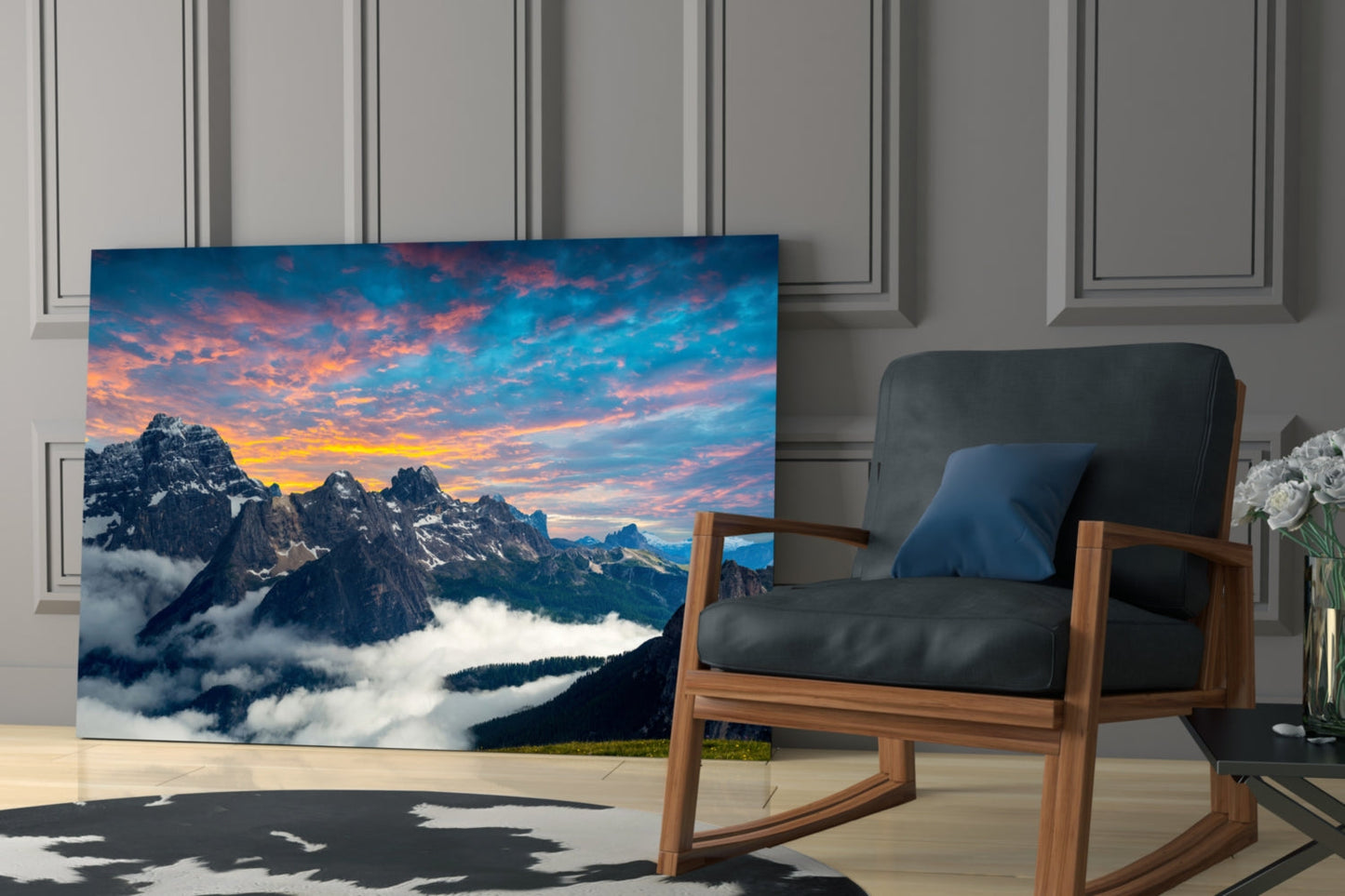 Dolomite Peaks Sunset Glass Wall Art, Alpine Mountain Landscape
