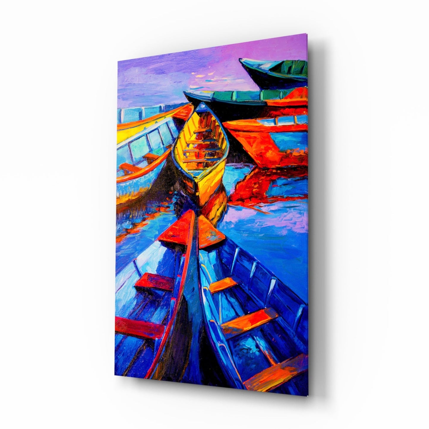 Boats at Twilight glass wall art with painterly cobalt and scarlet moored boats