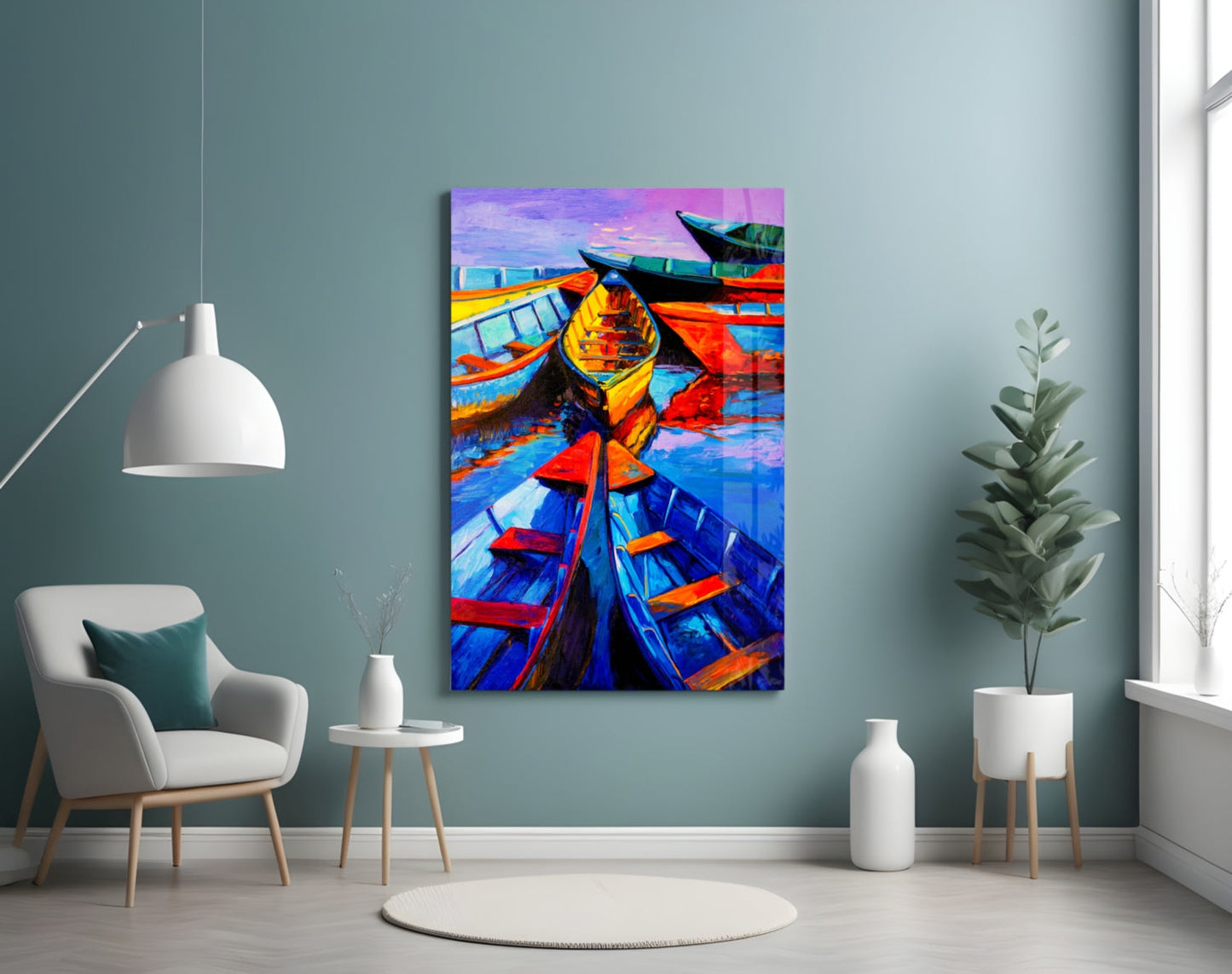 Boats at Twilight Glass Wall Art