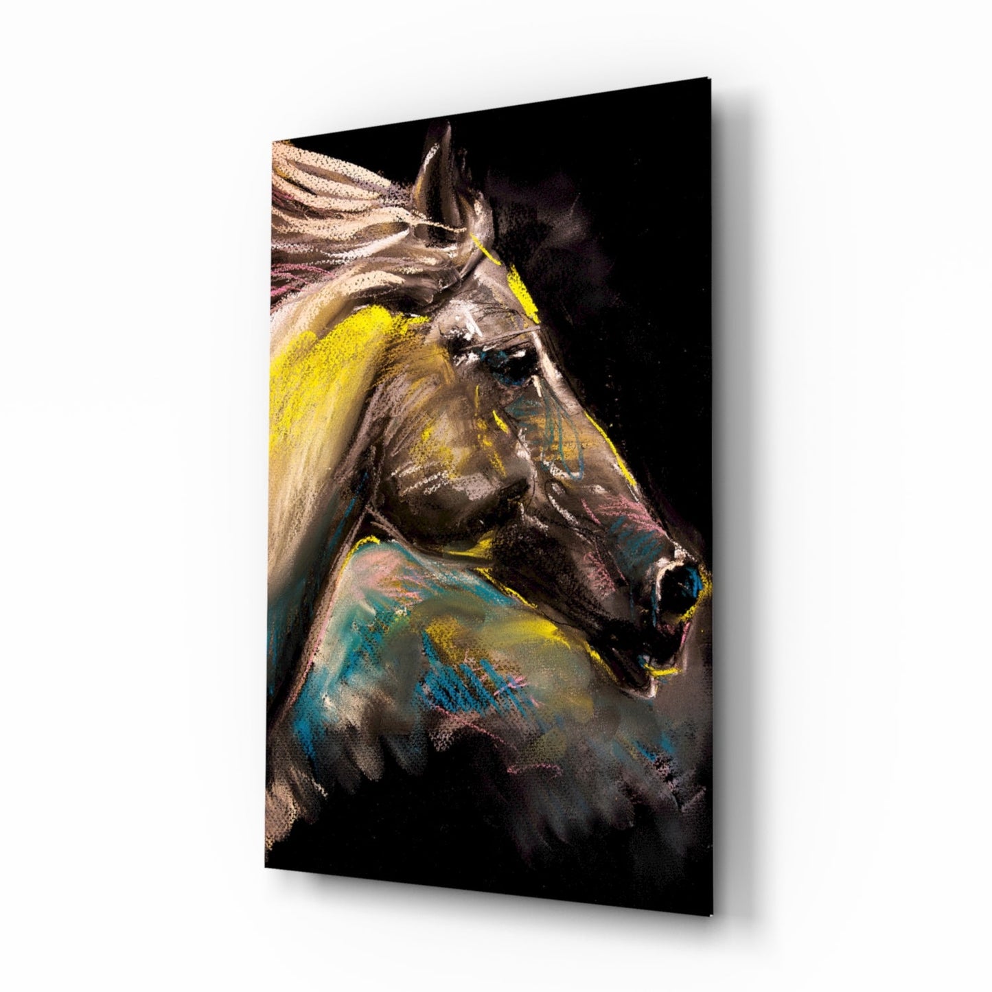 Pastel Horse profile glass wall art with chalk-streak color