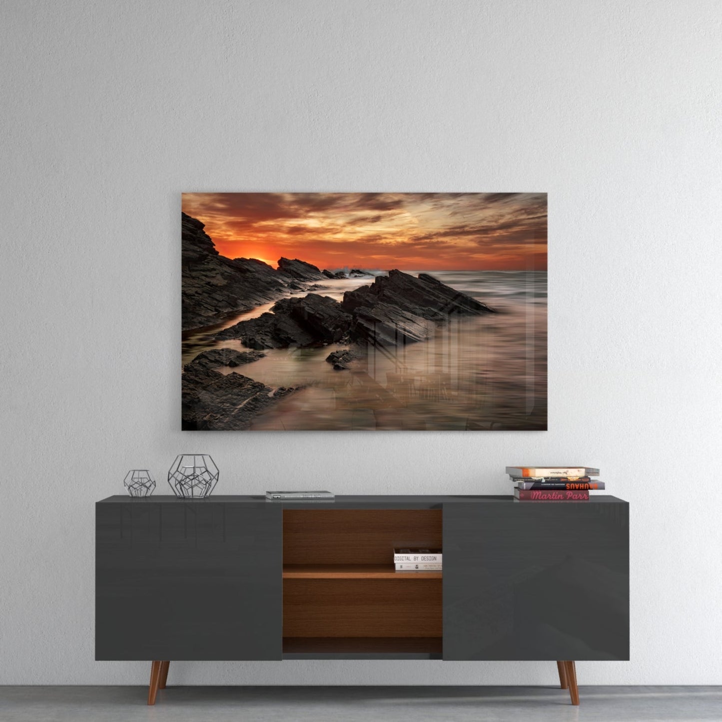 Rocky Coast Sunset Waves Glass Wall Art
