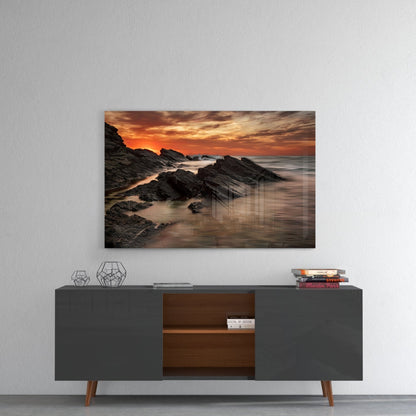 Rocky Coast Sunset Waves Glass Wall Art