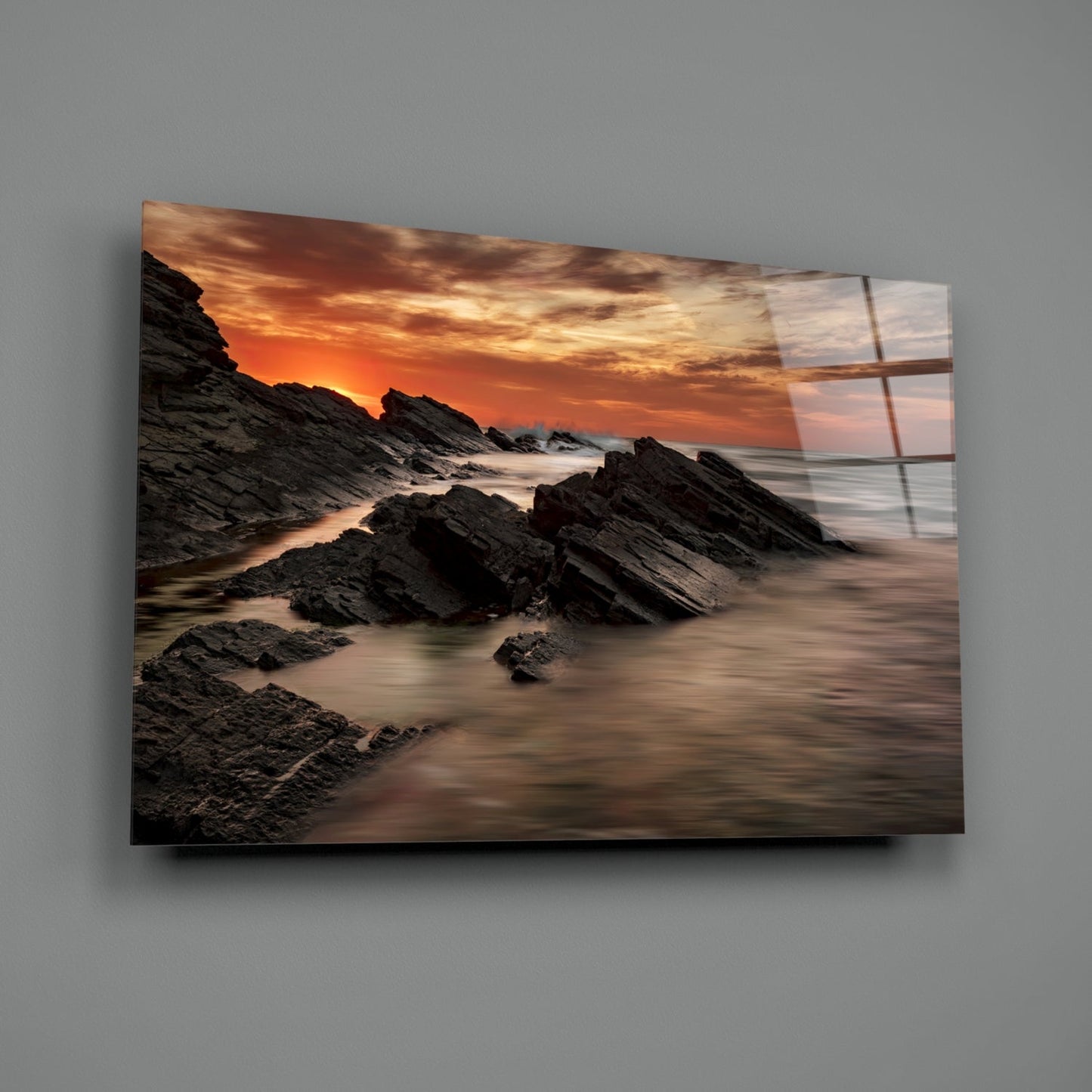 Rocky Coast Sunset Waves Glass Wall Art