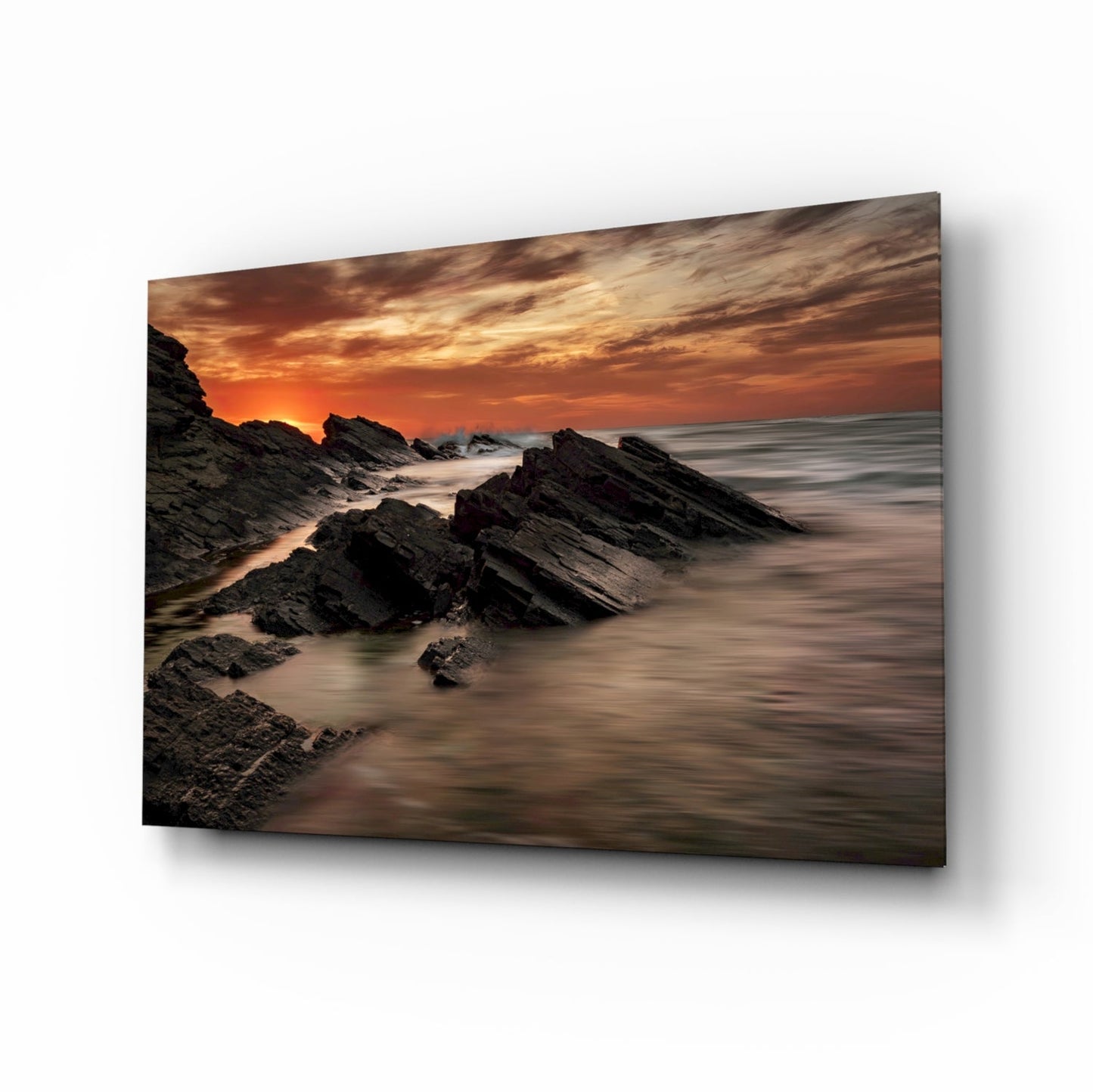 Rocky coast sunset waves glass wall art