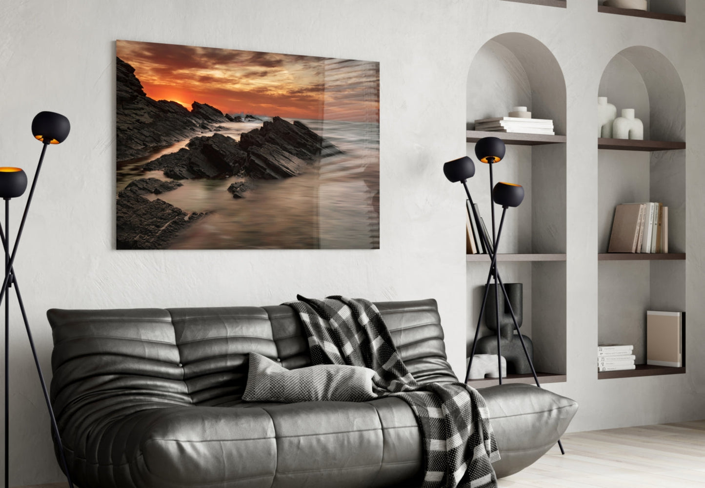 Rocky Coast Sunset Waves Glass Wall Art