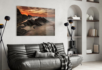 Rocky Coast Sunset Waves Glass Wall Art