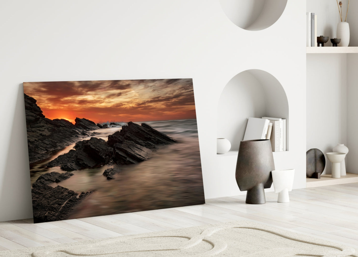 Rocky Coast Sunset Waves Glass Wall Art