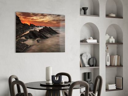 Rocky Coast Sunset Waves Glass Wall Art