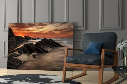 Rocky Coast Sunset Waves Glass Wall Art