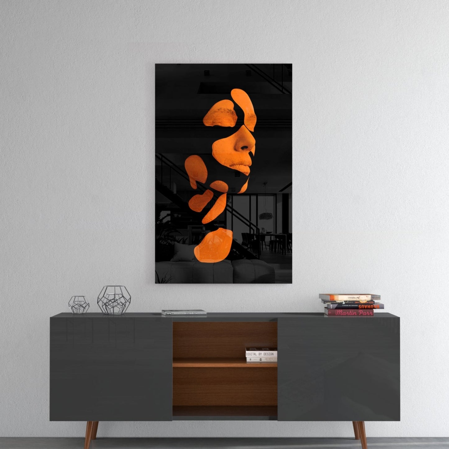 Fragmented Face on Black Glass Wall Art