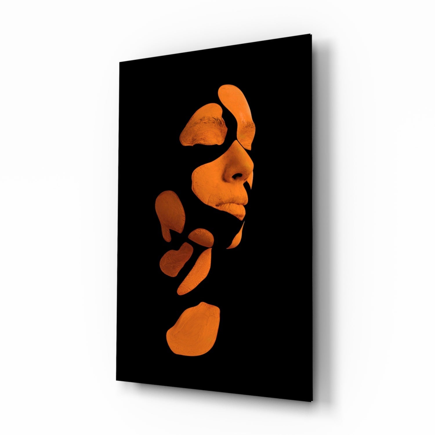 Fragmented face on black glass wall art