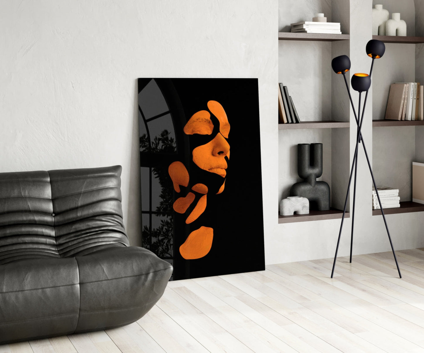 Fragmented Face on Black Glass Wall Art