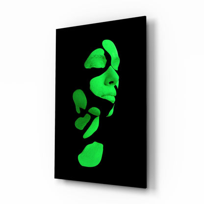 Neon green fragmented face glass wall art