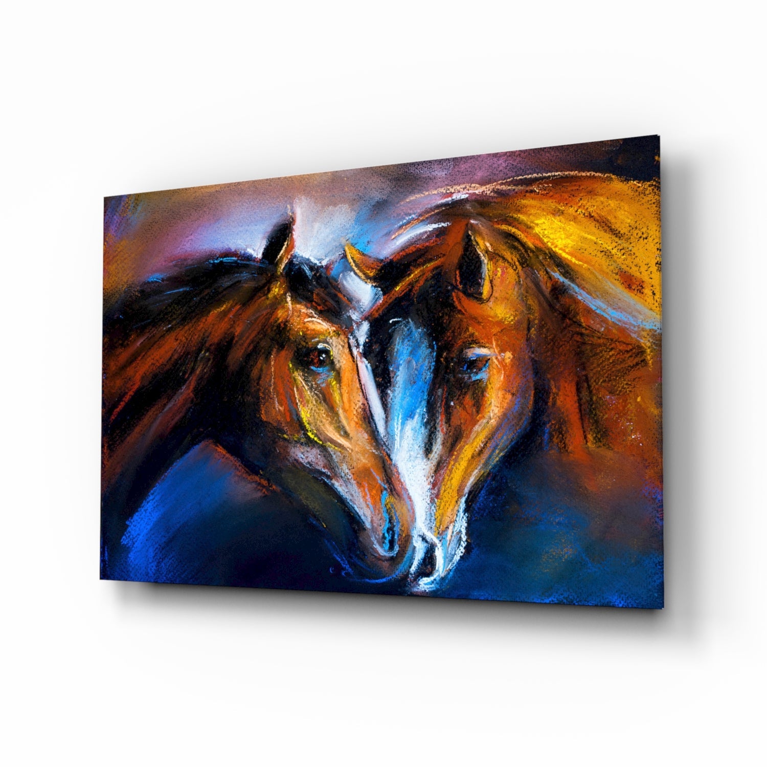 Two pastel horses nose-to-nose glass wall art in copper and cobalt