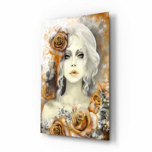 Yellow rose and woman glass wall art portrait