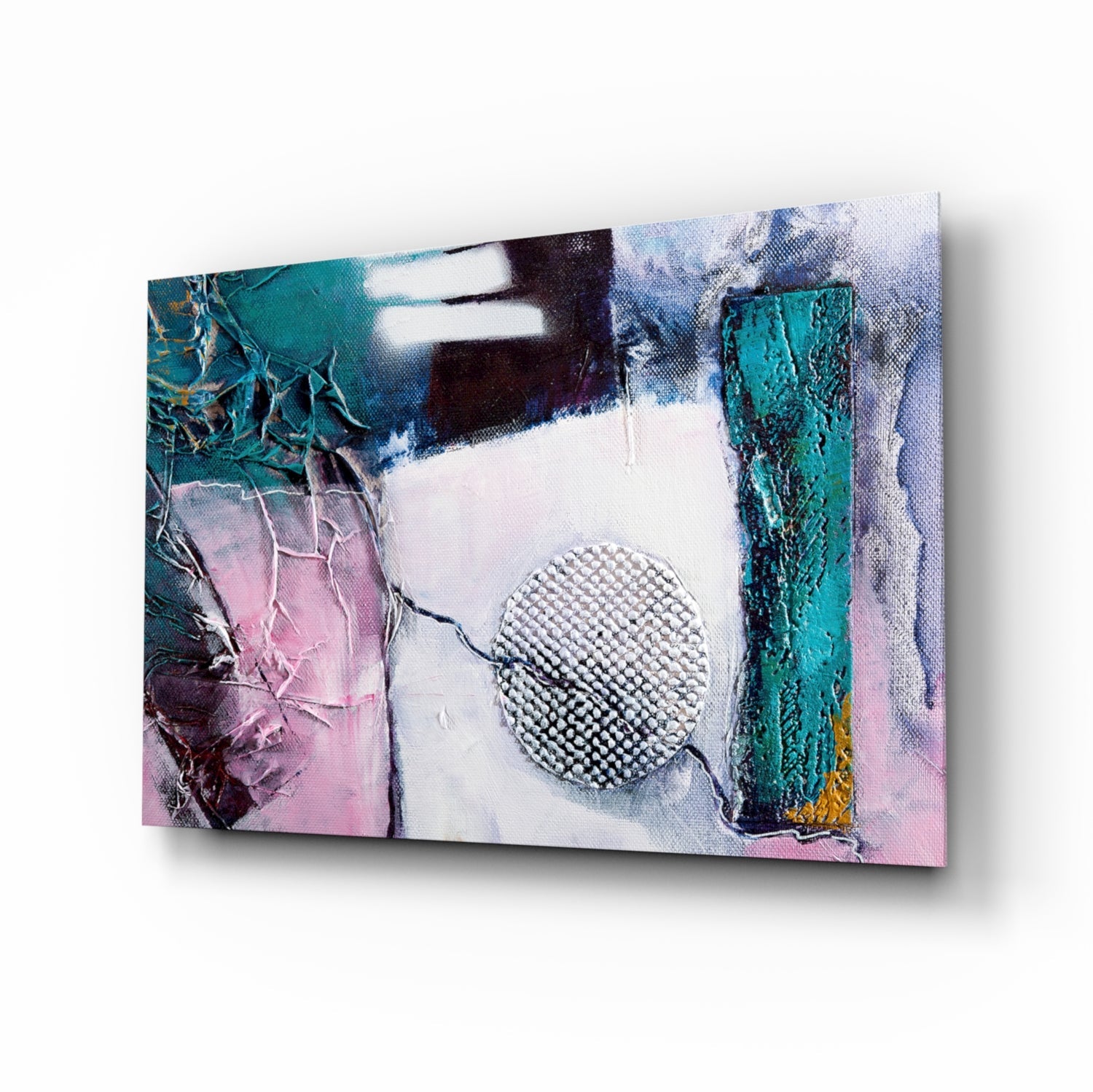 Abstract Texture Glass Wall Art print with teal, blush, and gold-leaf texture