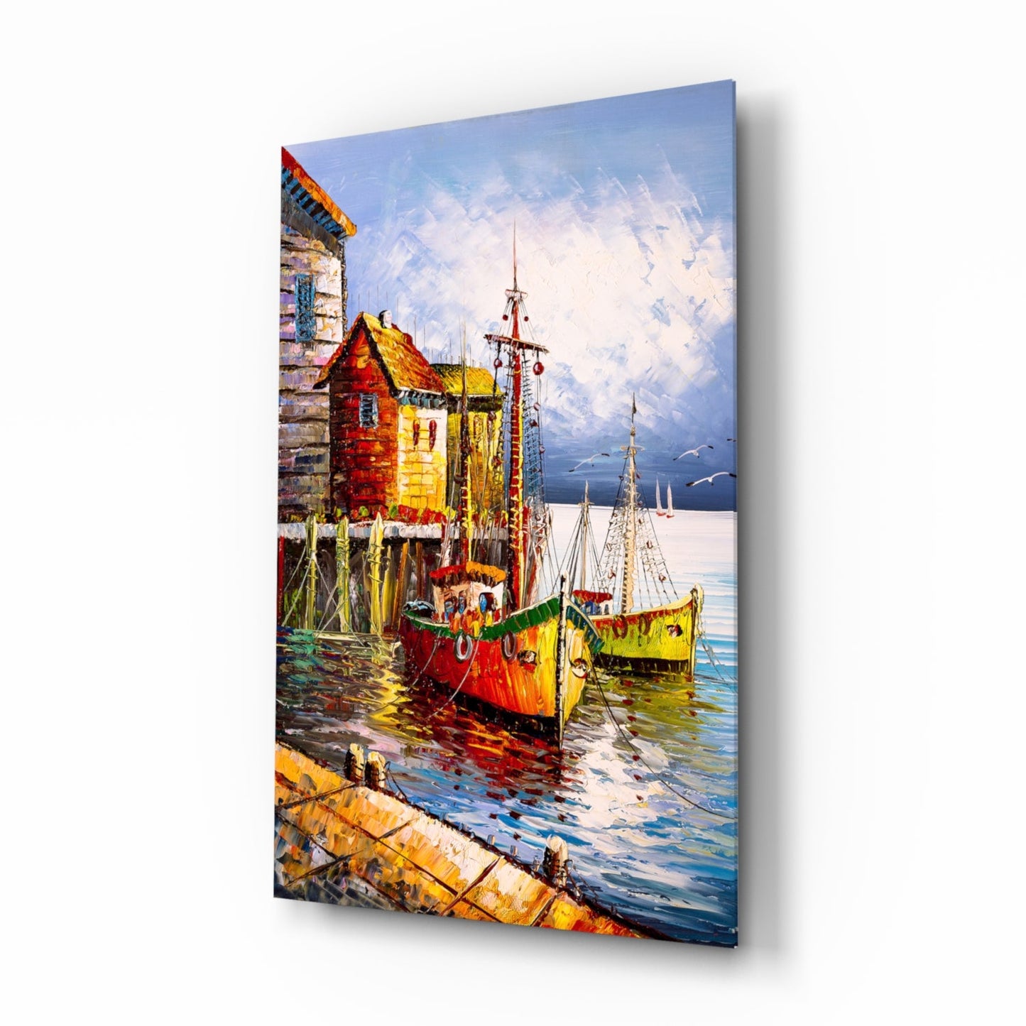 Boats on the Shore glass wall art with impressionist harbor boats