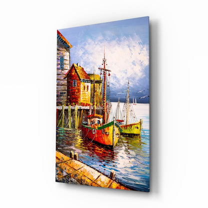 Boats on the Shore glass wall art with impressionist harbor boats