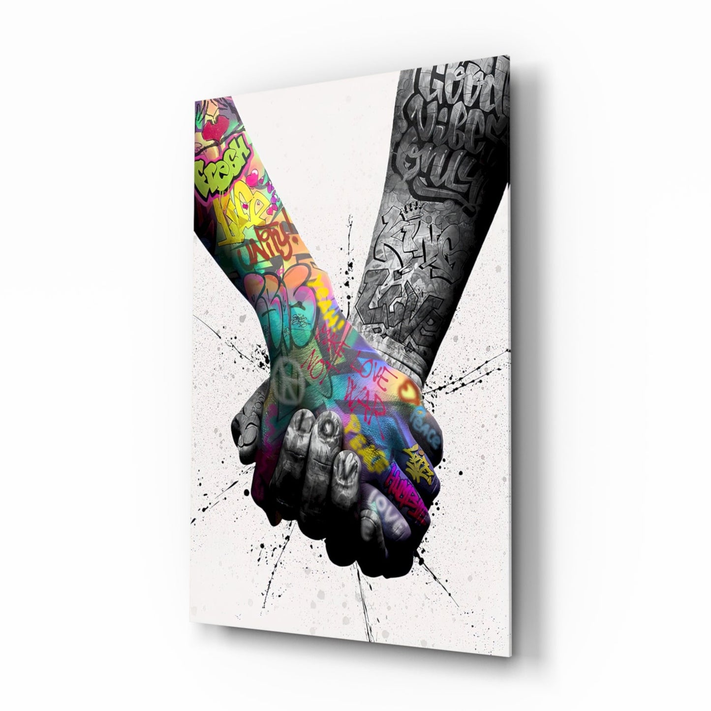 Hand in hand graffiti glass wall art