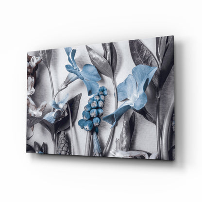 Blue Flowers glass wall art botanical stems