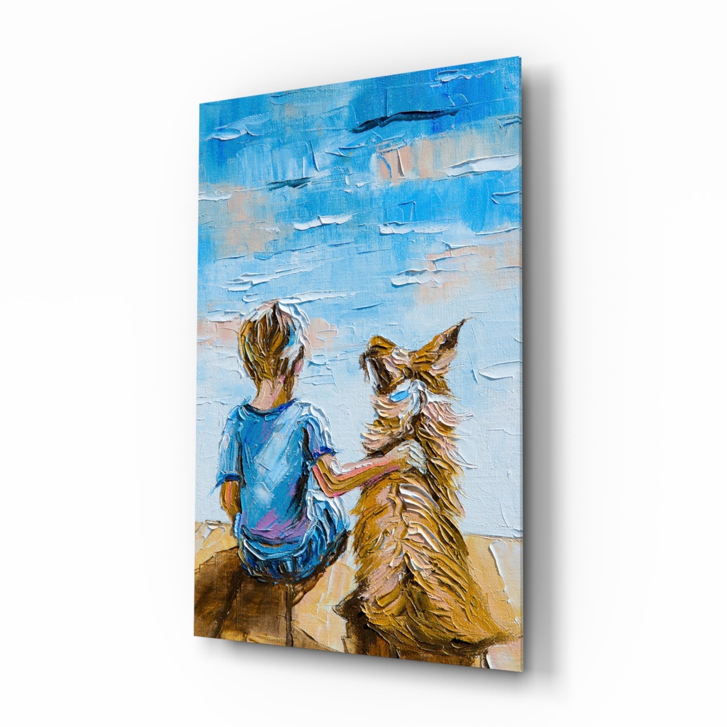 Boy and dog seaside friendship glass wall art