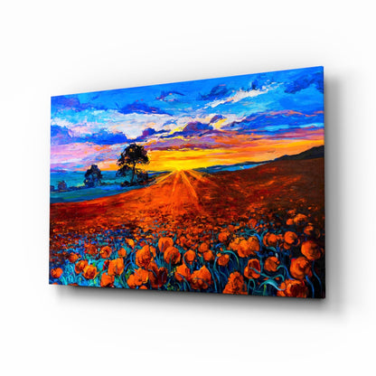 Poppy field sunset glass wall art