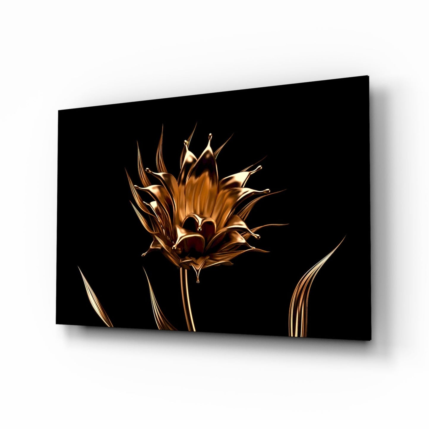 Liquid gold metallic flower glass wall art