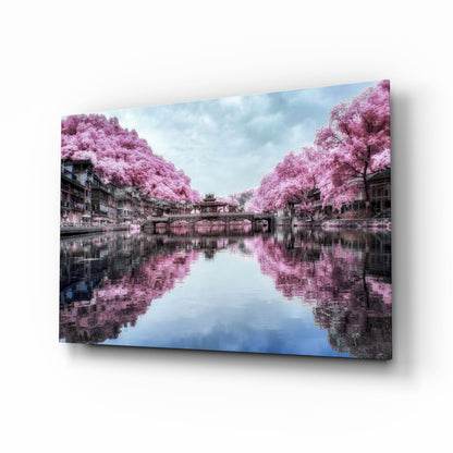 Pink Landscape blossom canal glass wall art