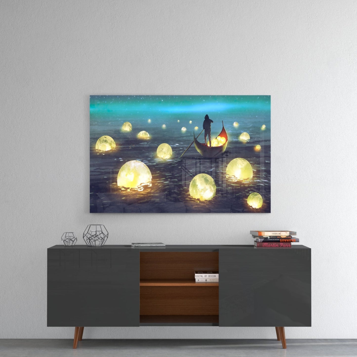 Aurora Moon Rowboat Glass Wall Art