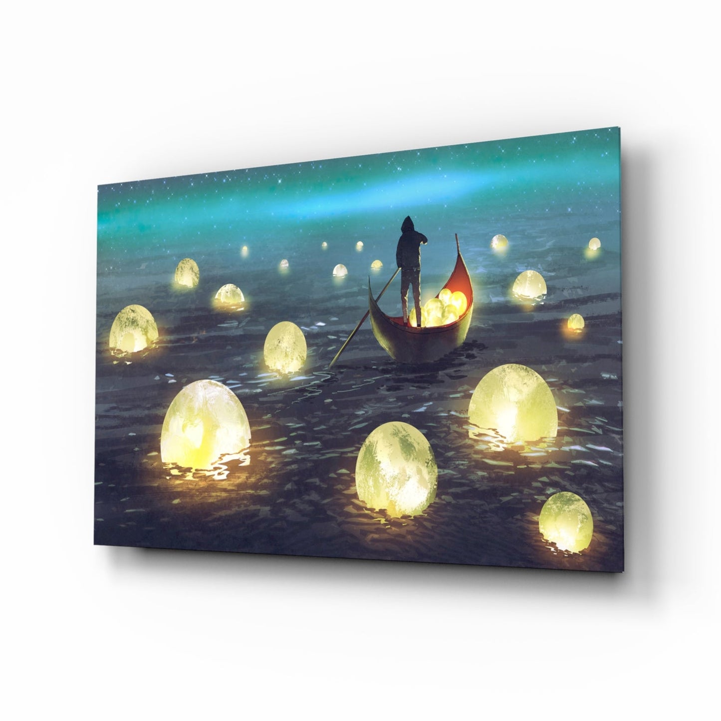 Aurora moon rowboat glass wall art