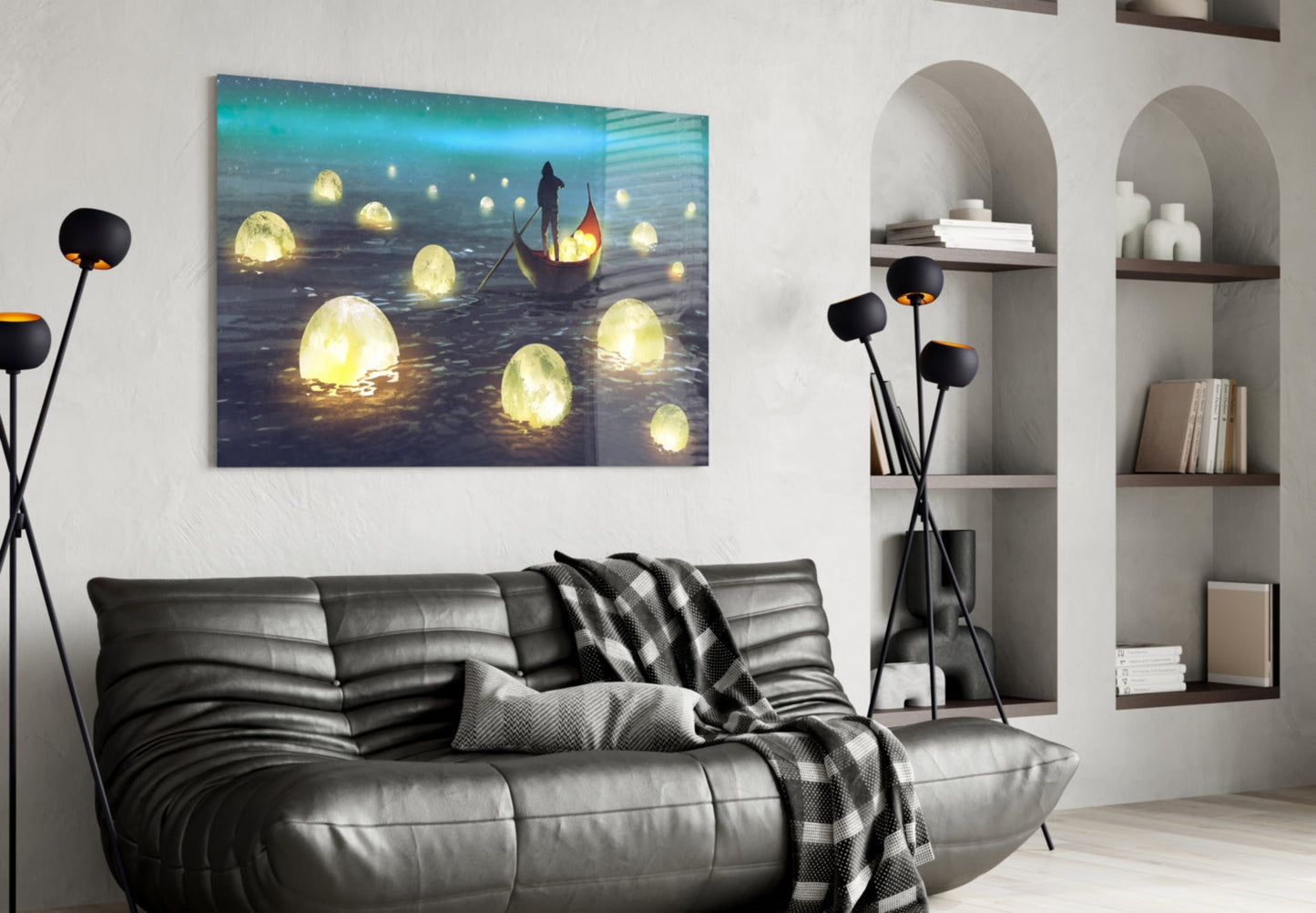 Aurora Moon Rowboat Glass Wall Art