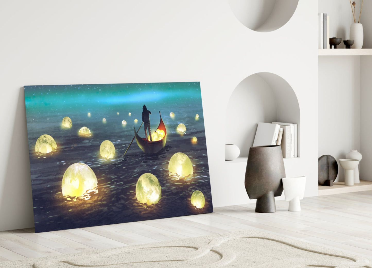 Aurora Moon Rowboat Glass Wall Art