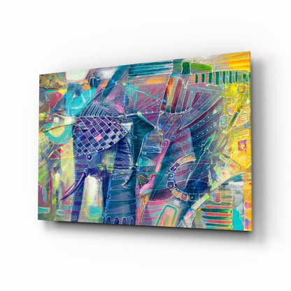 Elephant abstract glass wall art, colorful impasto wildlife portrait on tempered glass