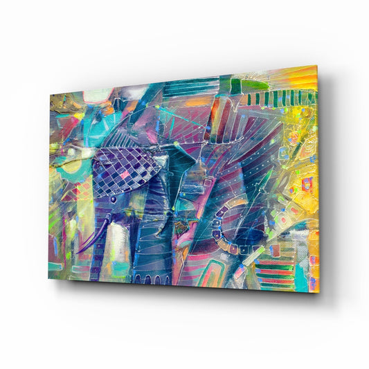 Elephant abstract glass wall art, colorful impasto wildlife portrait on tempered glass