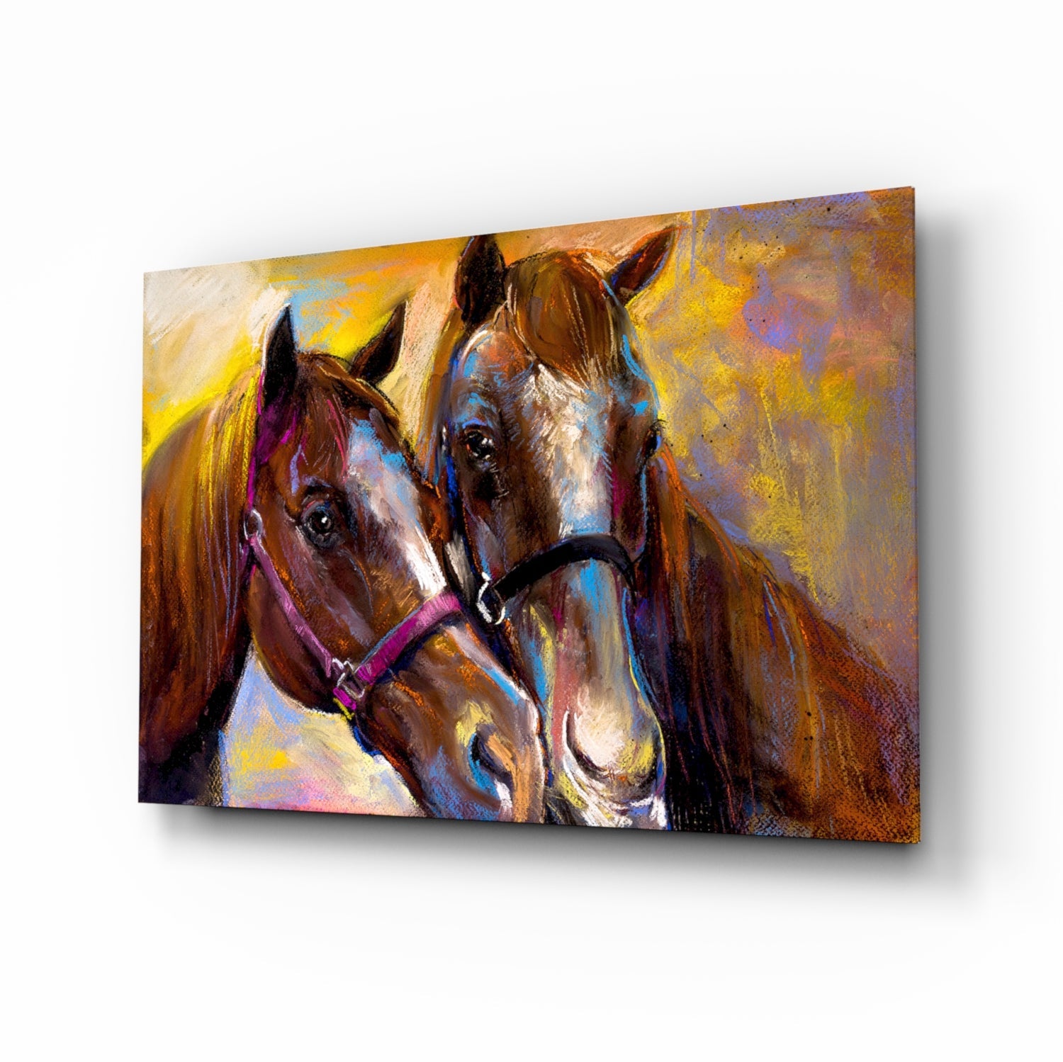 Bridled horse pair golden glass wall art