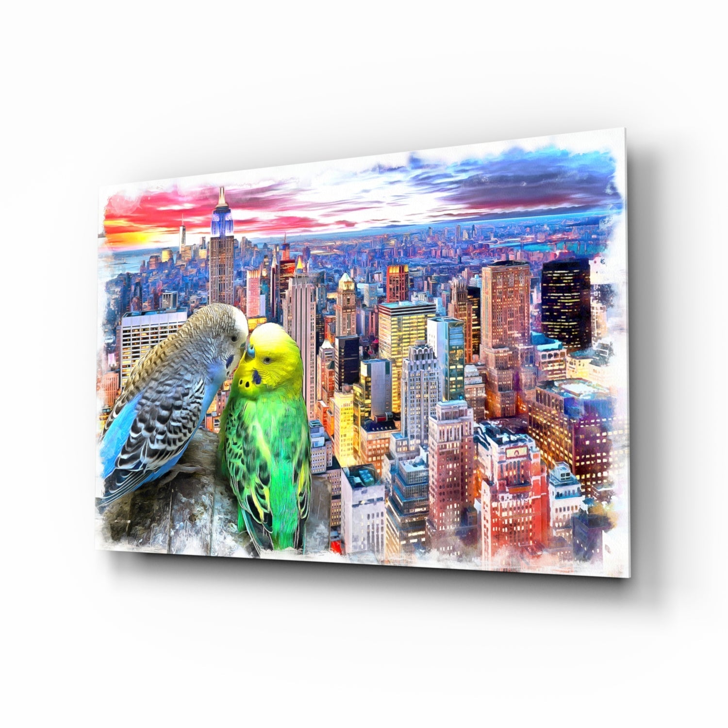 Budgies Glass Wall Art with NYC skyline watercolor design