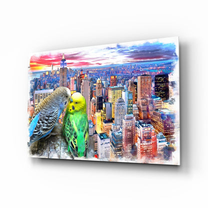 Budgies Glass Wall Art with NYC skyline watercolor design
