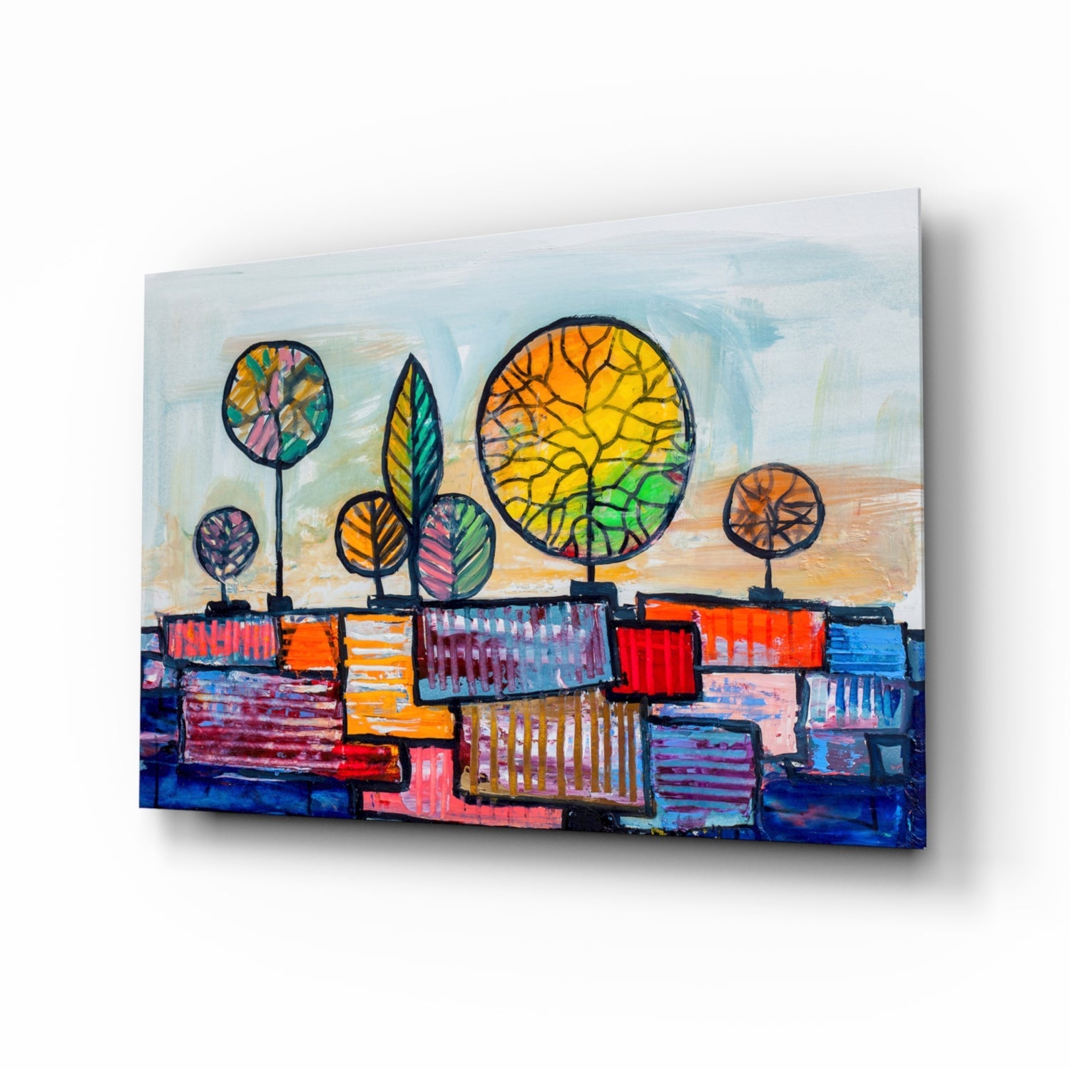 Abstract City glass wall art with folk-art color houses