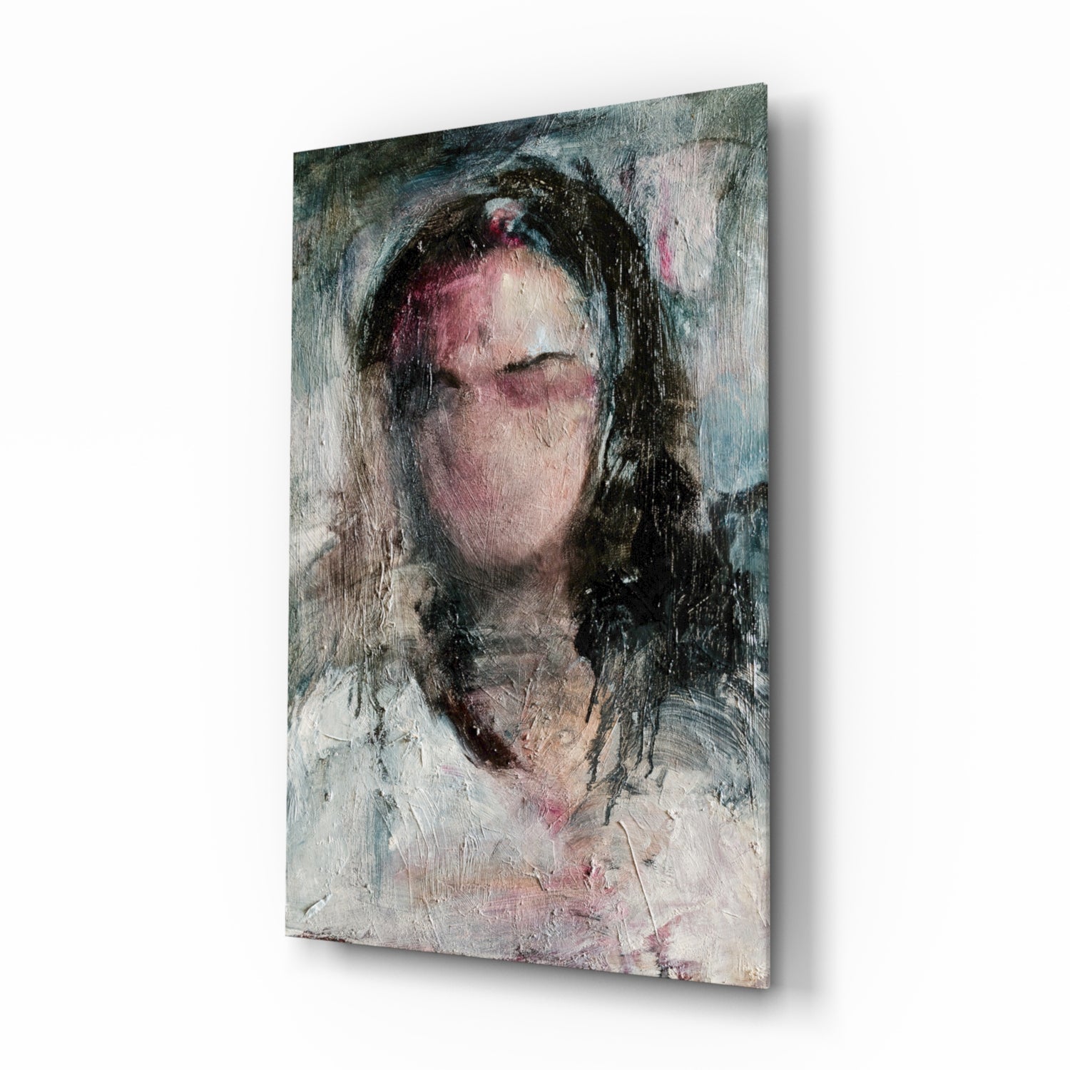 Expressionist Woman Portrait Glass Wall Art in rose and grey tones