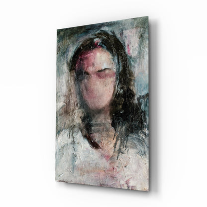 Expressionist Woman Portrait Glass Wall Art in rose and grey tones