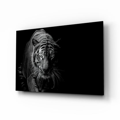 Monochrome Tiger Glass Wall Art with silver-and-charcoal stripes