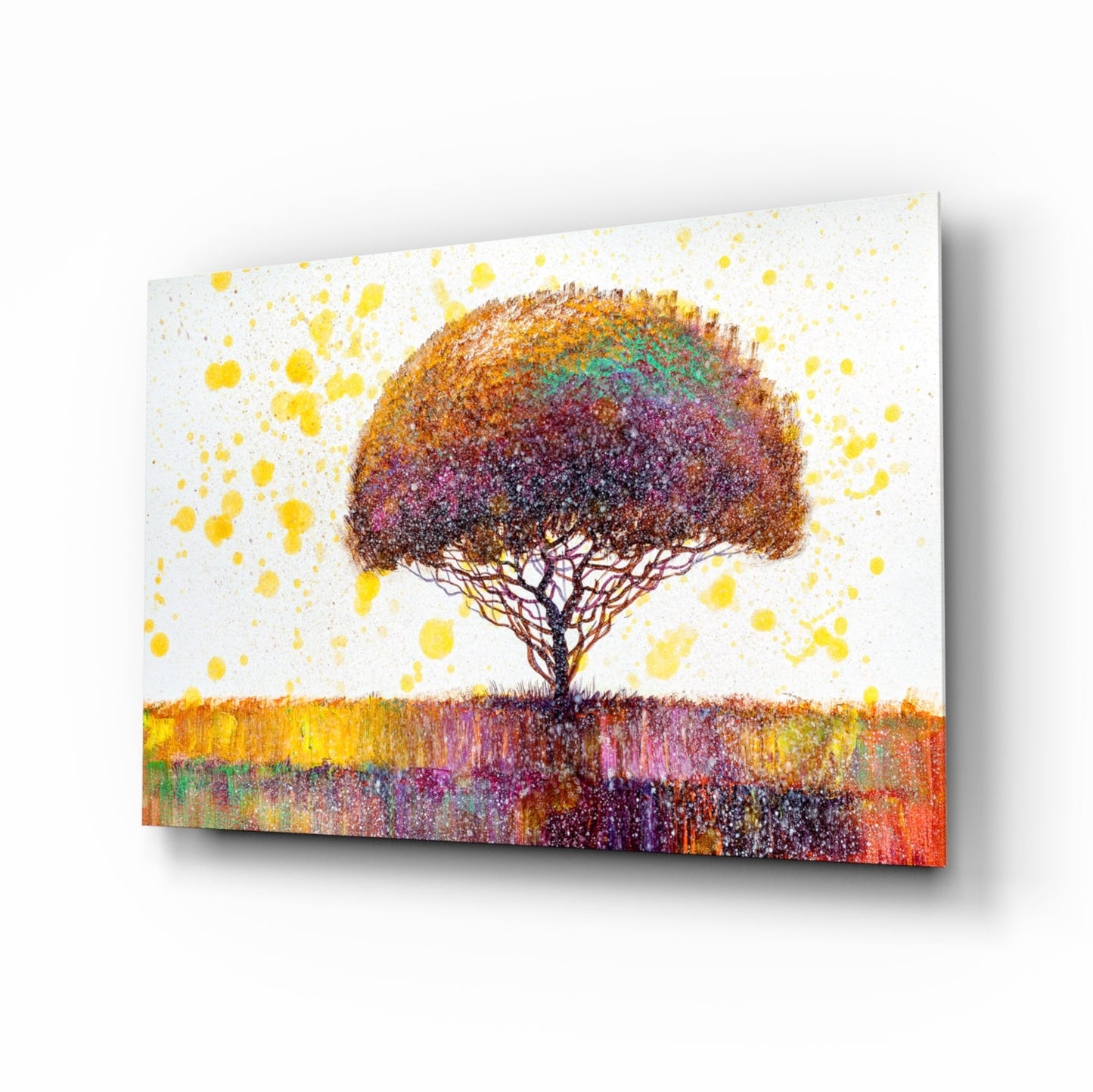 Confetti bloom tree glass wall art in colorful pointillist style