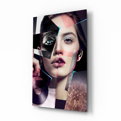 Fragmented Muse glass wall art with fashion-collage portrait