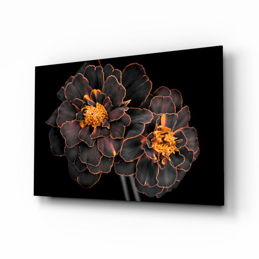 Brown flower glass wall art with mahogany marigold blooms