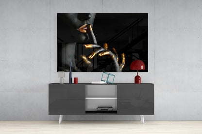 Gold Lips Hush Gesture Glass Wall Art