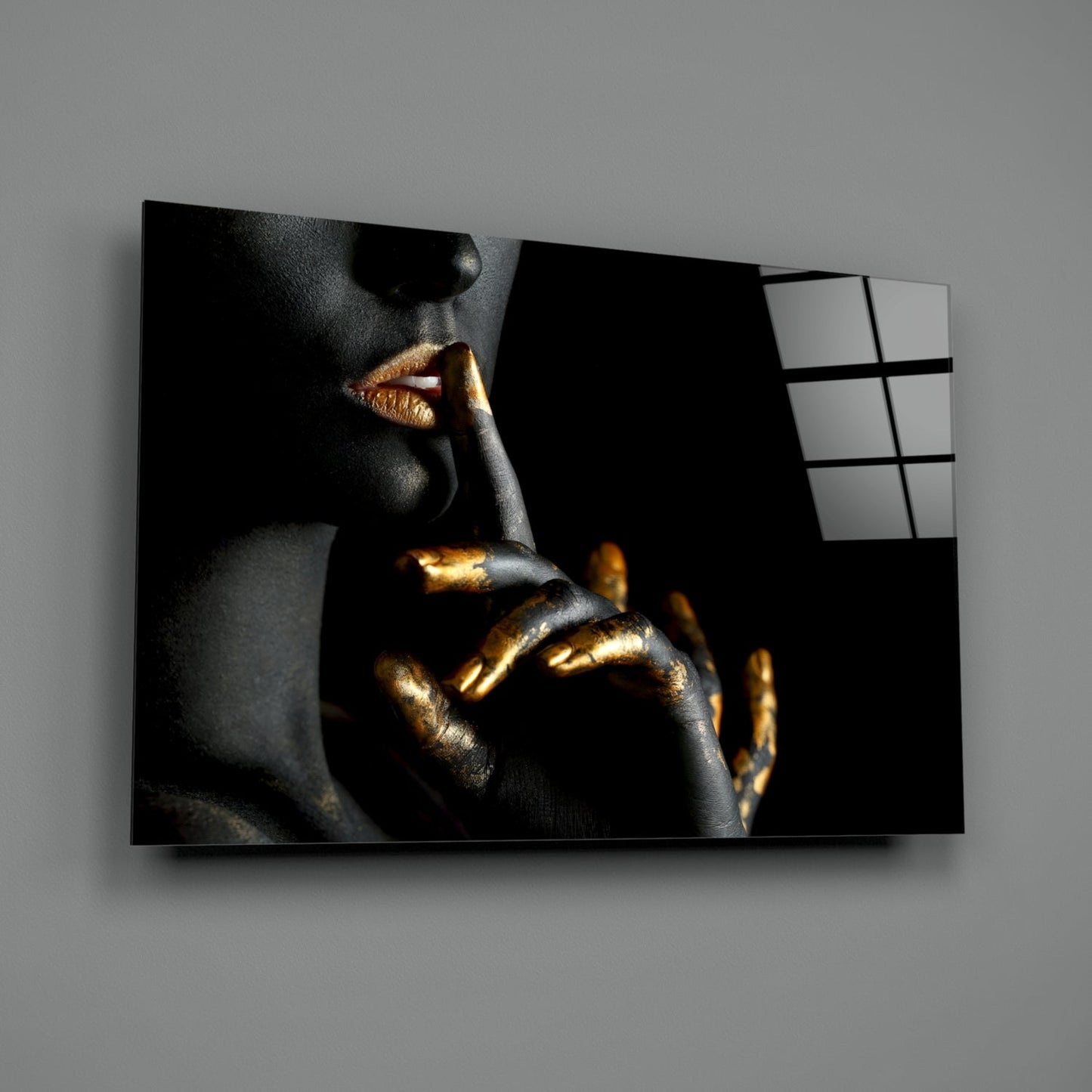 Gold Lips Hush Gesture Glass Wall Art
