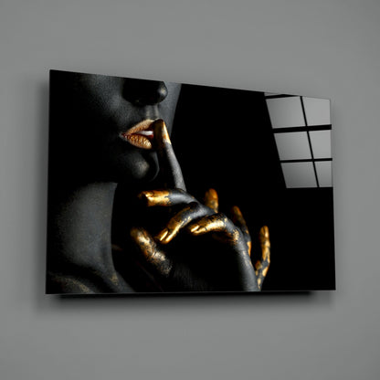 Gold Lips Hush Gesture Glass Wall Art